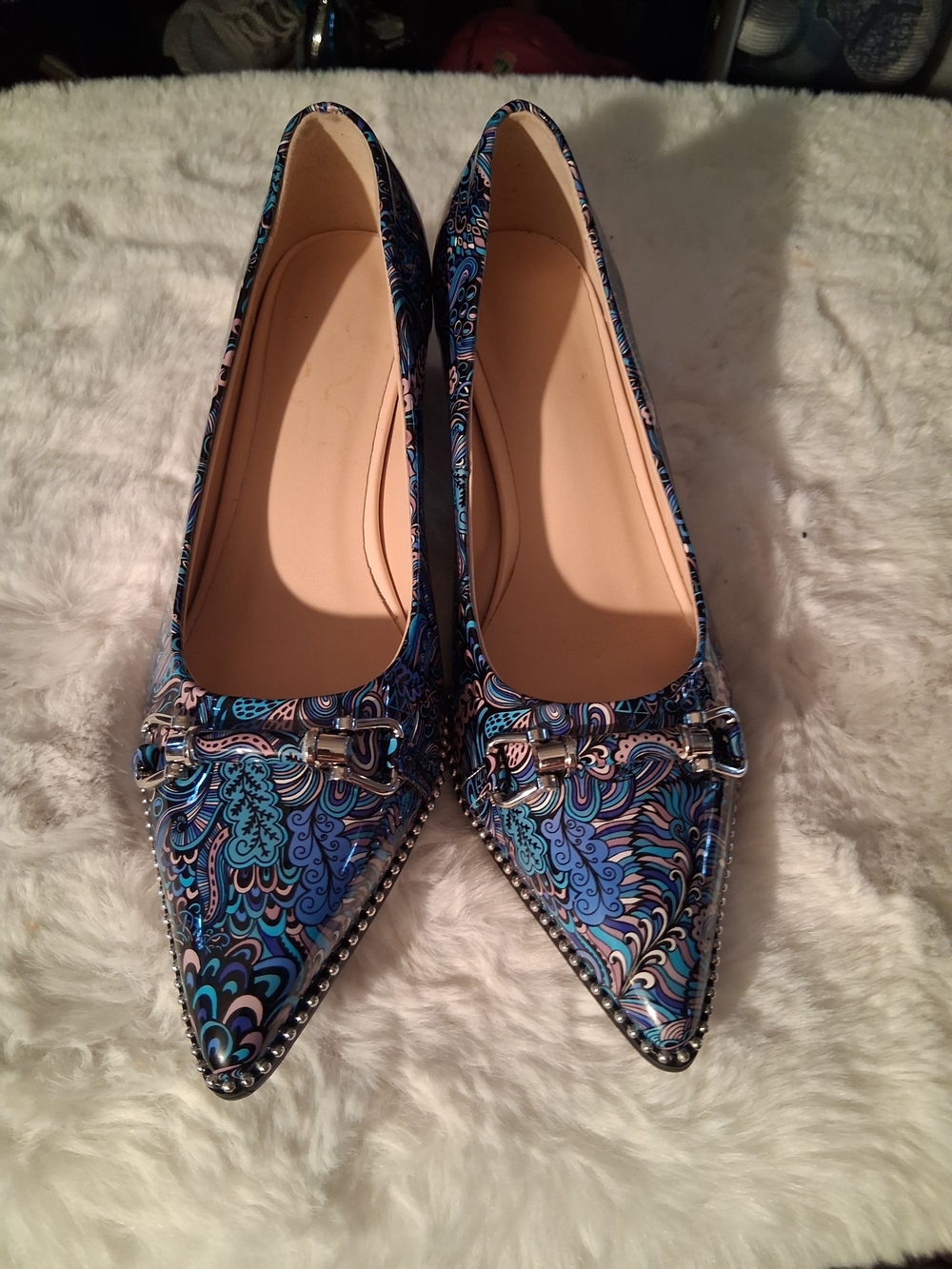 Women's Pointed Toe Blue Patterned Slip-On Shot Pump Heel